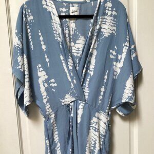 Lezat blue and white casual wrap midi dress, open front, size large